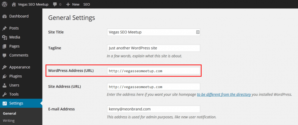 Settings General WordPress URL