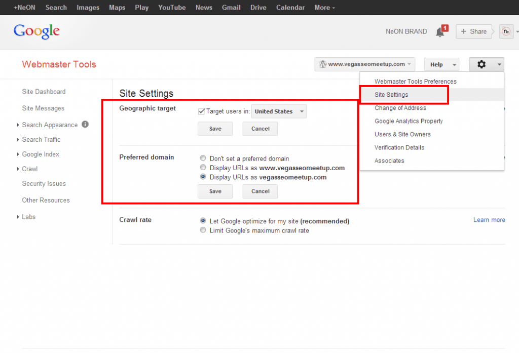 Webmaster Tools Site Settings