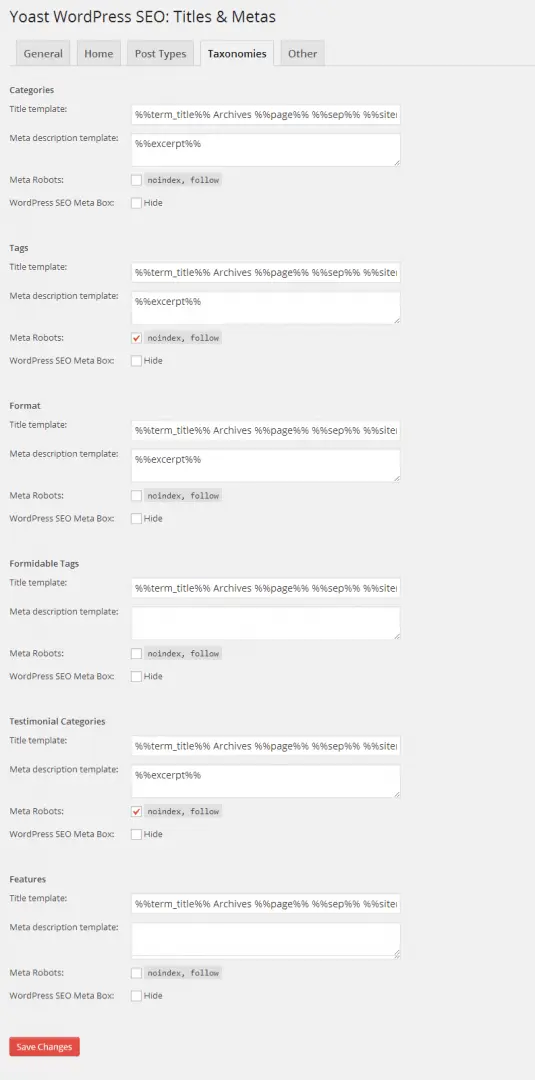 Yoast WordPress SEO Titles Metas Taxonomies