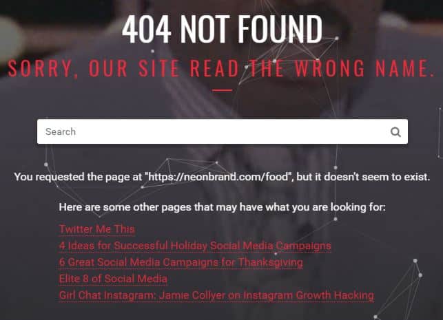 NeONBRAND's 404 page is fully optimized for SEO and user experience